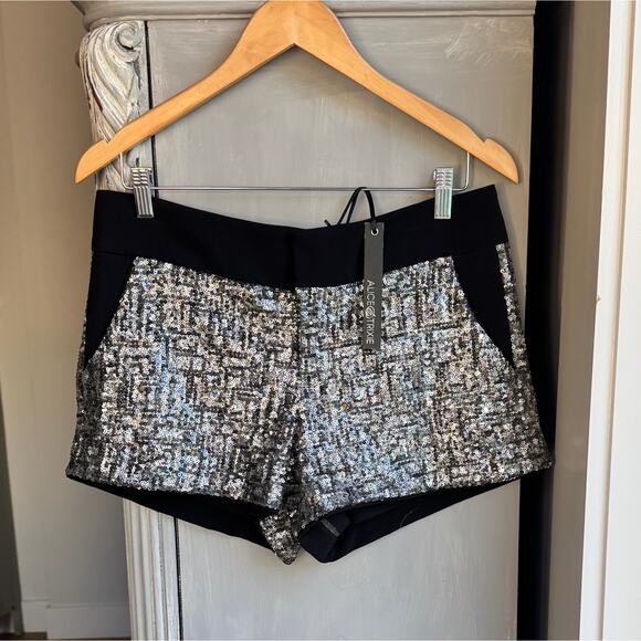 NWT Alice & Trixie Silver Sequin Shorts Black Satin Trim Glam Party Sparkle Sz M - Picture 7 of 7